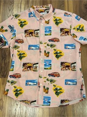 Vintage-Inspired Pink Hawaiian Print Short-Sleeve Shirt